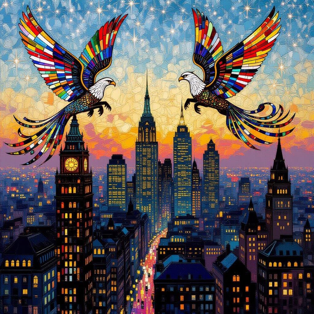 Sequin Cityscape with Stained Glass Griffins