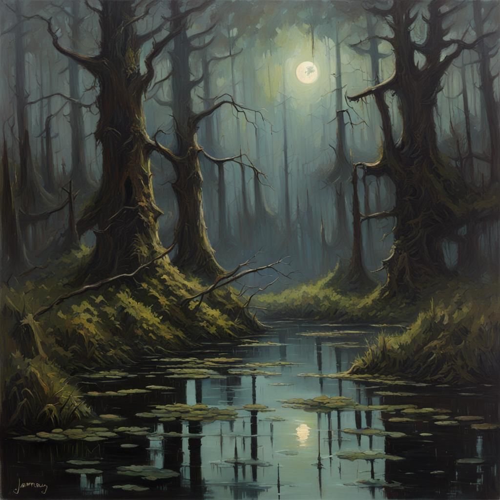 Creepy Swamp in Dark Lighting as Oil Painting