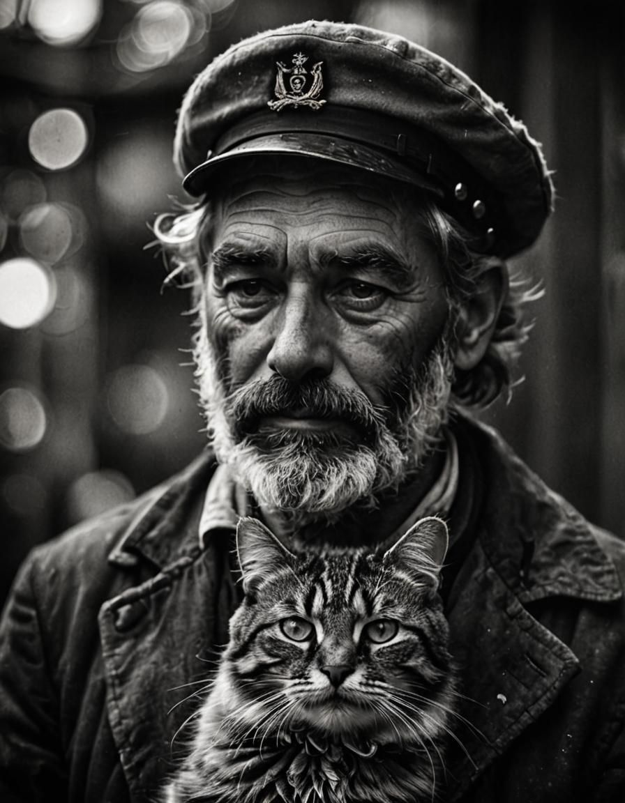 Old Sailor Portrait with Sleeping Cat