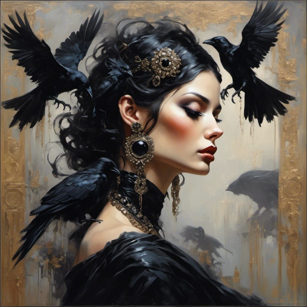 Raven and Woman in Elegant Dark Attire