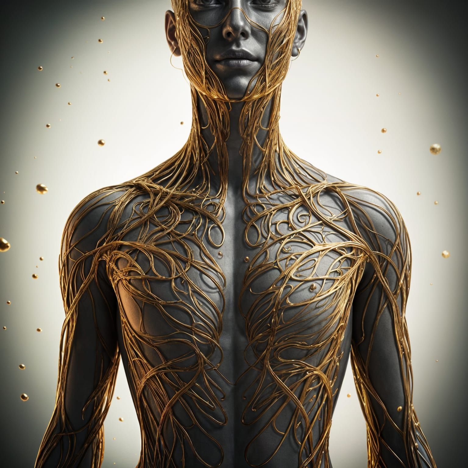 Surreal Human Body with Liquid Silver and Gold Veins in Cybe...