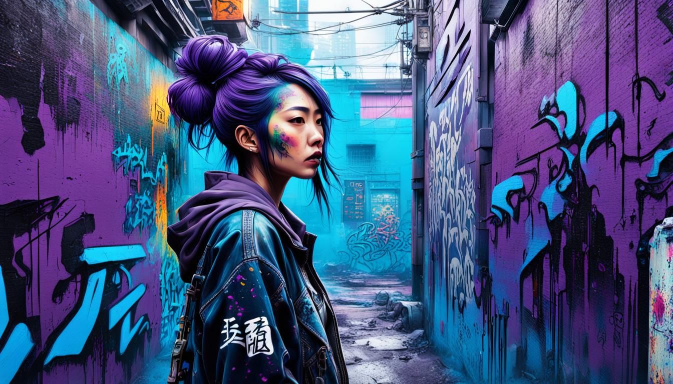 Futuristic Japanpunk Graffiti Art of Asian Woman
