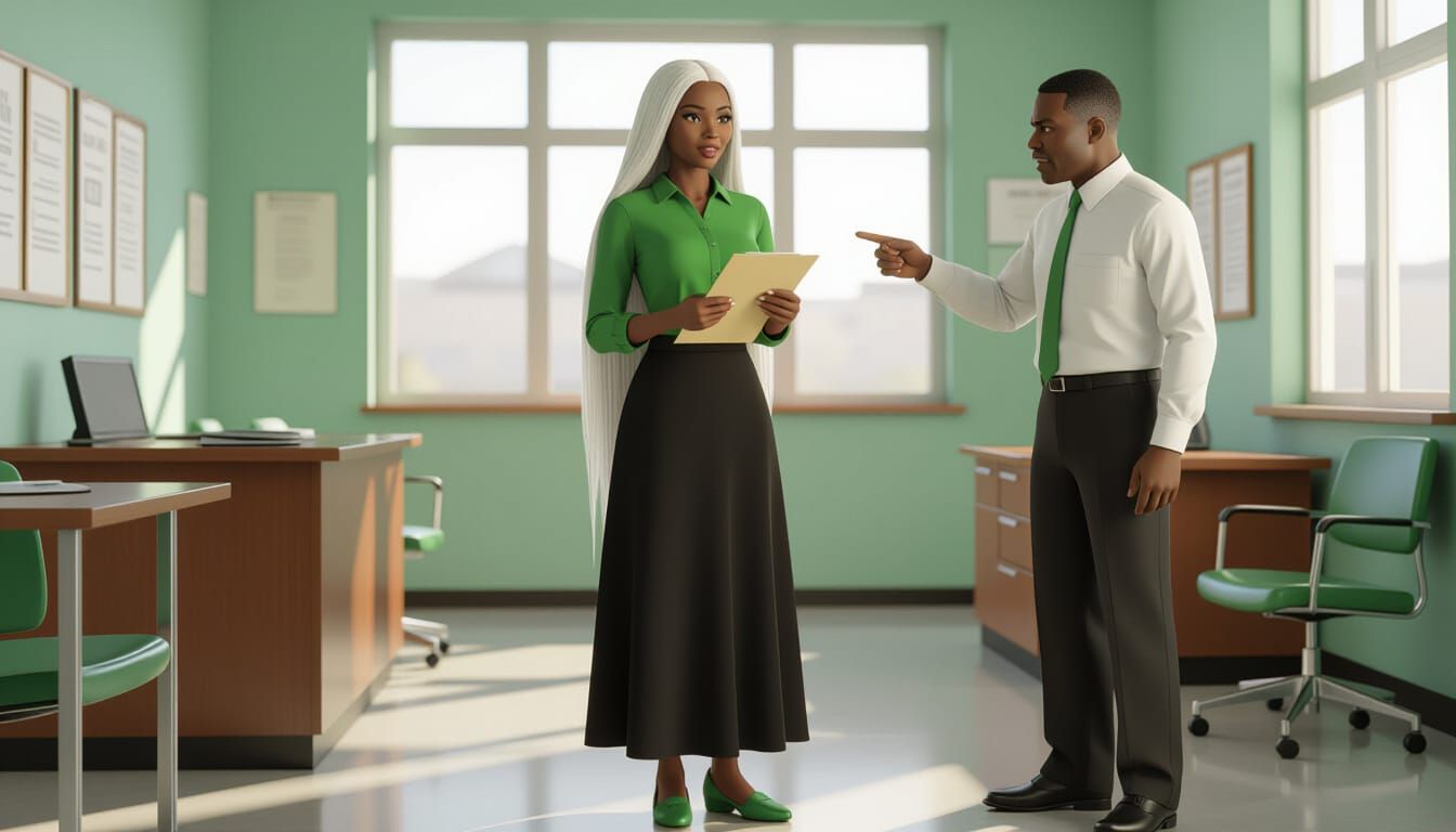 Animated Portrait: African Woman and Angry Man in School Off...