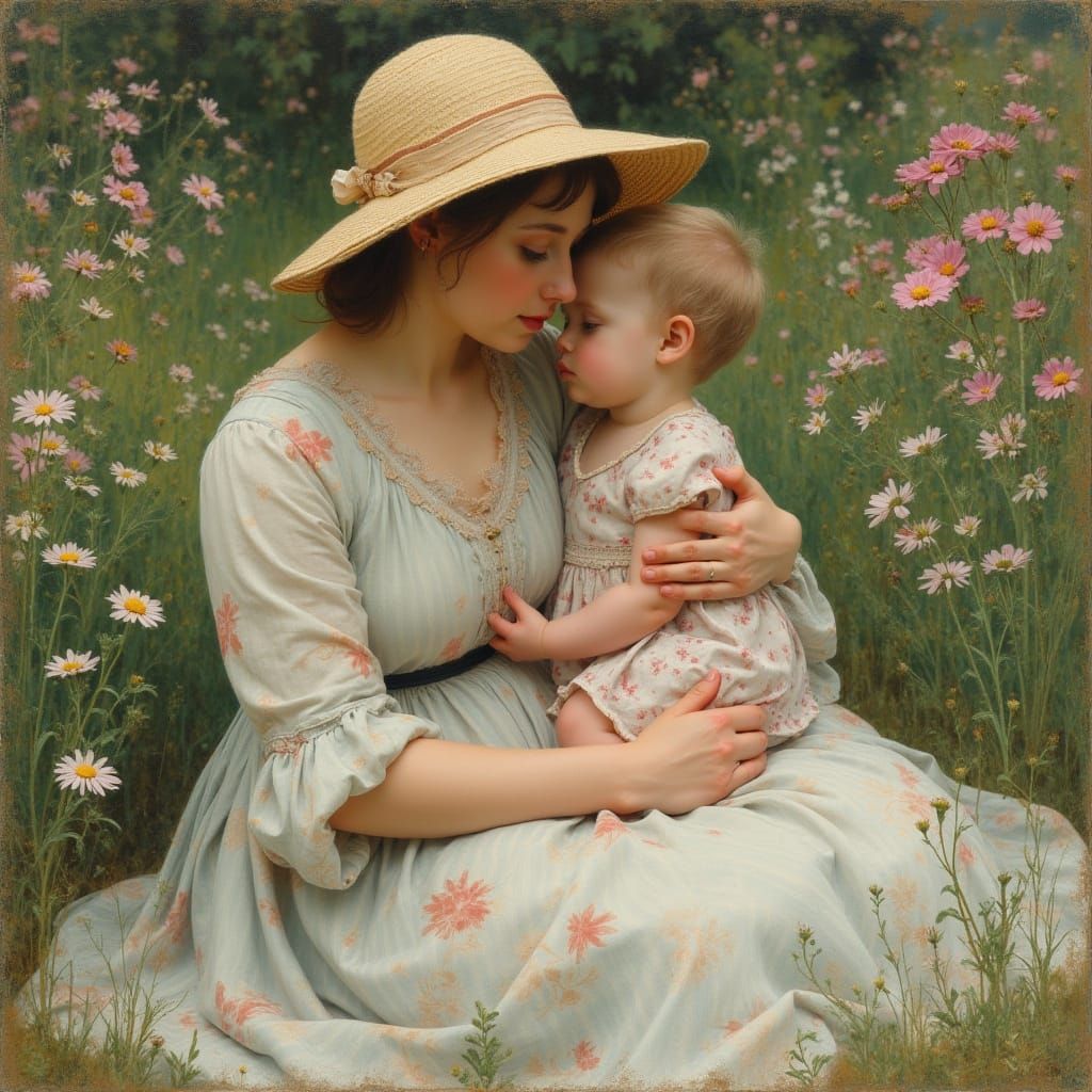 Mother and Child in a Vibrant Garden