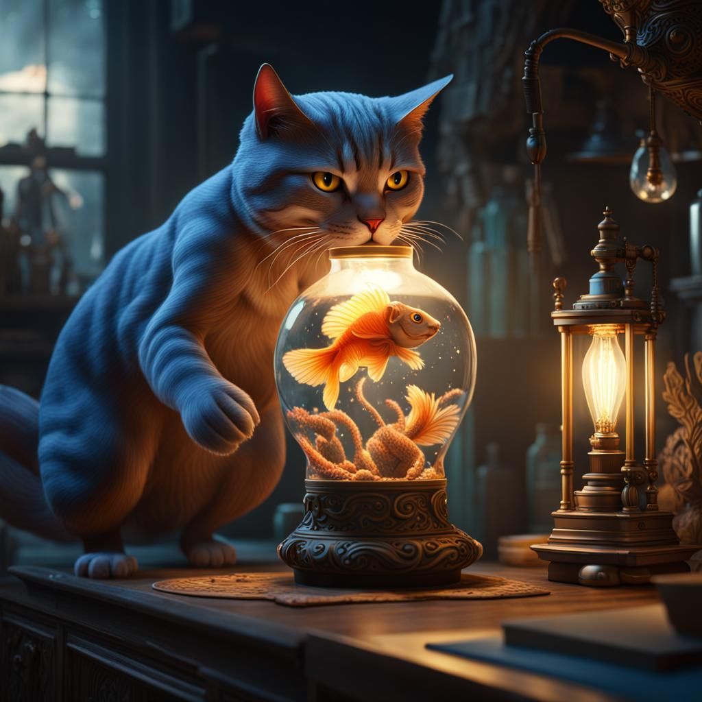 Cat Activates Fish Lamp: Fantasy Concept Art