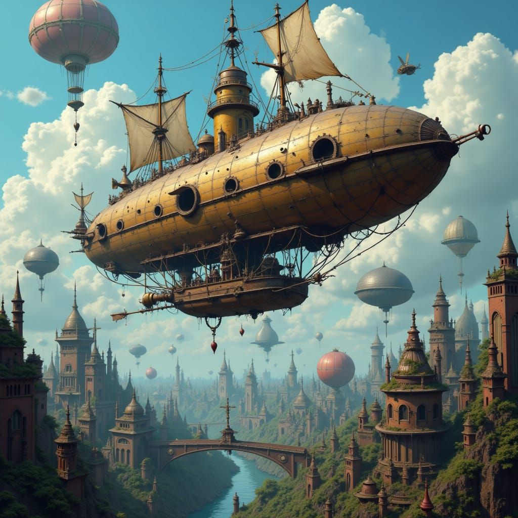Victorian Airship Navigates Fantasy Sky Islands
