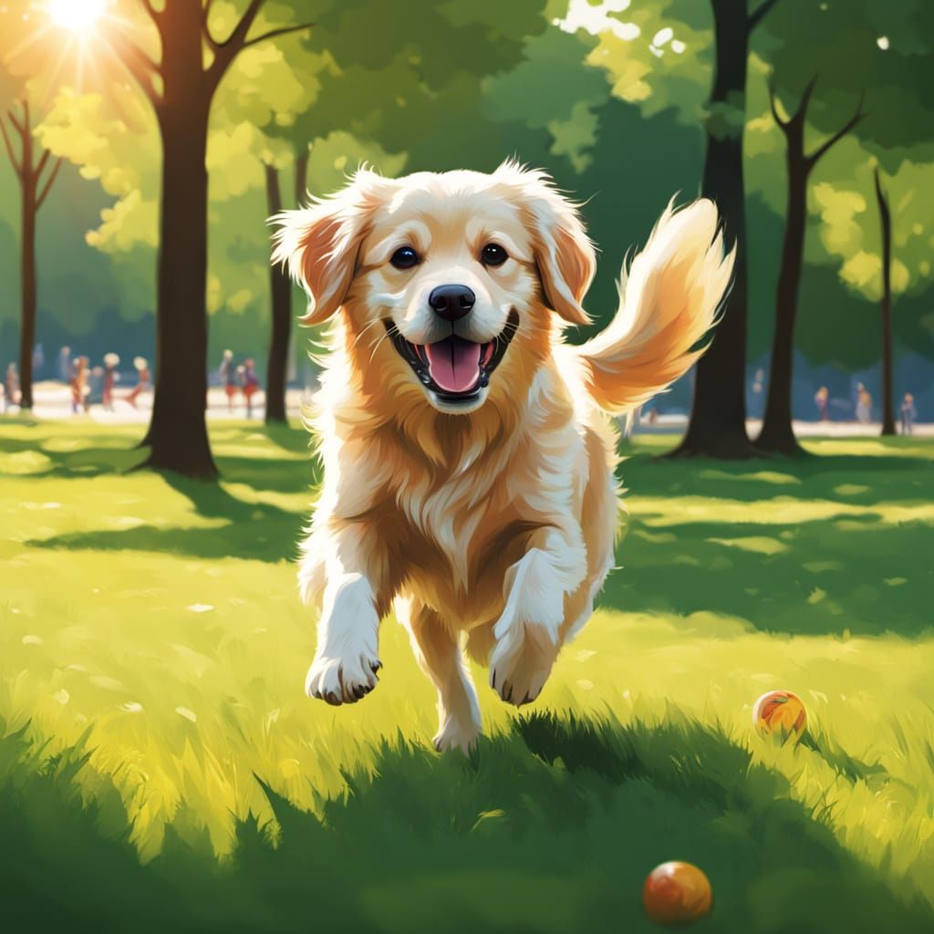 Golden Retriever Plays With Ball in Sunny Park
