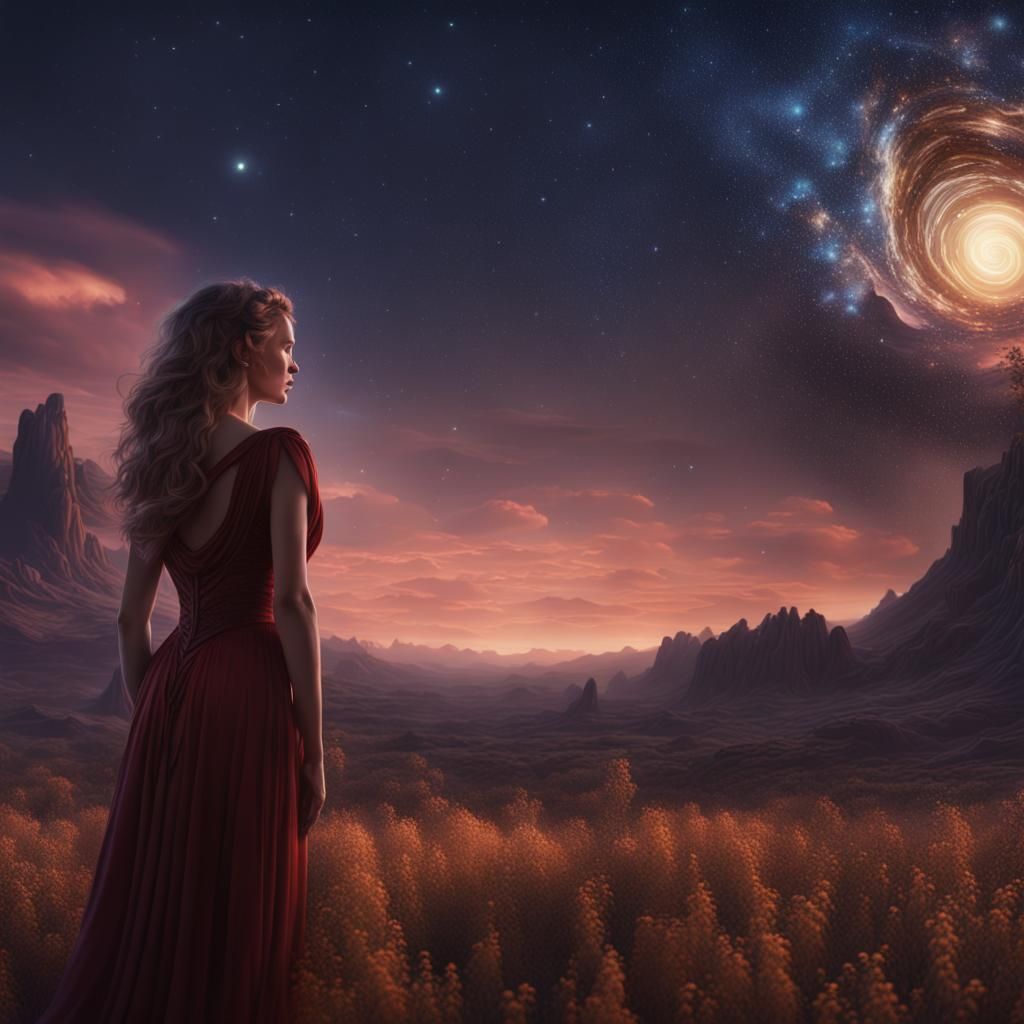 Beautiful Woman in Starry Night Sky Painting