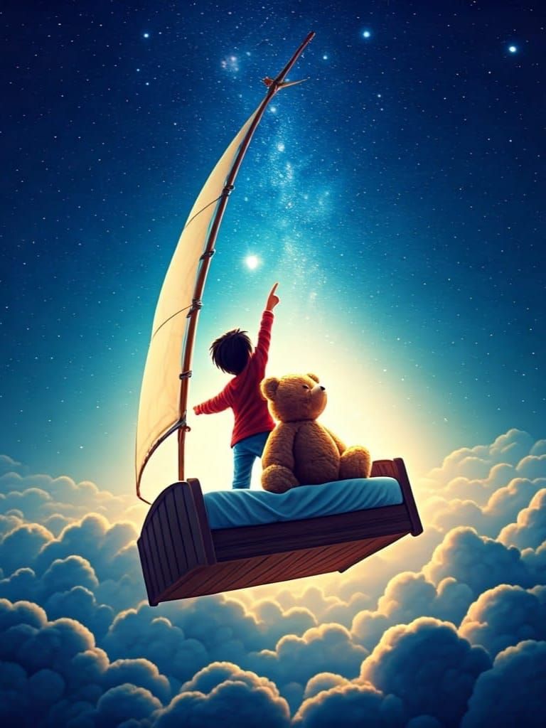 Child's Flying Bed Adventure: Dreamlike Illustration