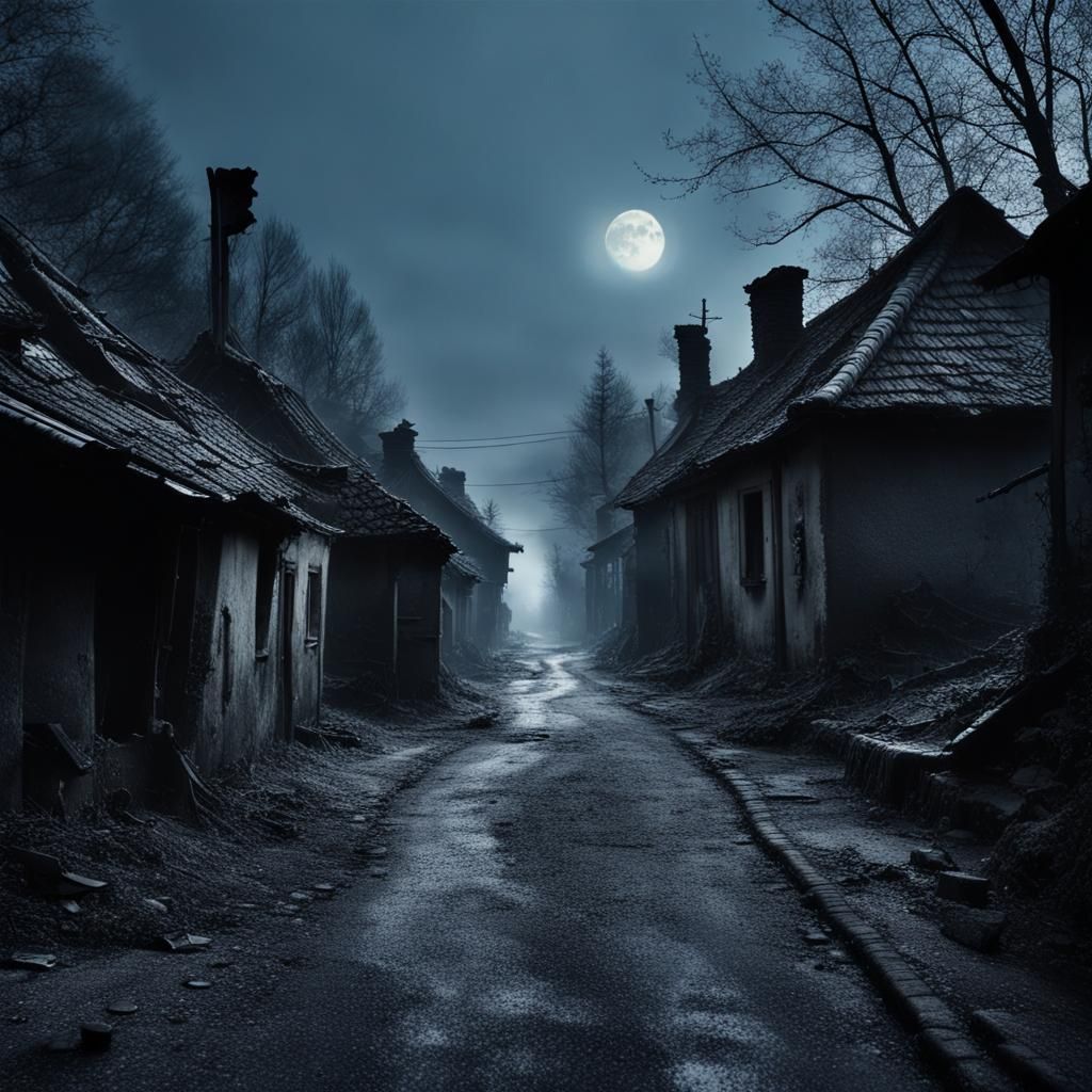 Spooky Haunted Village Street in Moody Lighting