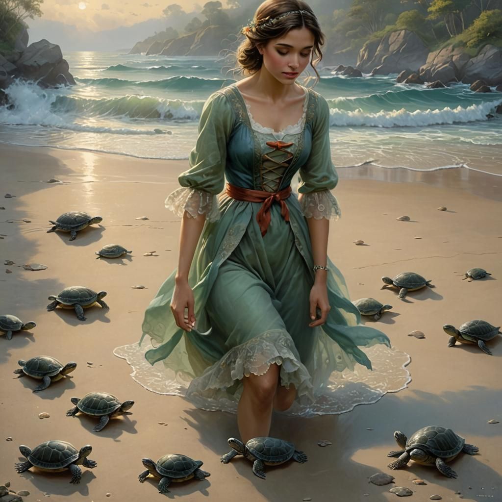 Ethereal Fantasy: Girl and Turtles Entering Ocean