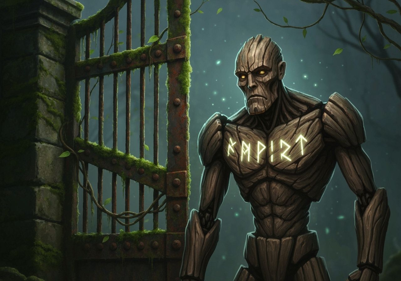 Wooden Golem Guardian at Forgotten Gate with Runes