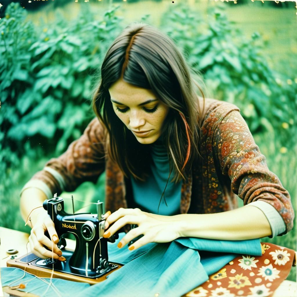 Hippy Woman Sewing: Vintage Kodak Photography