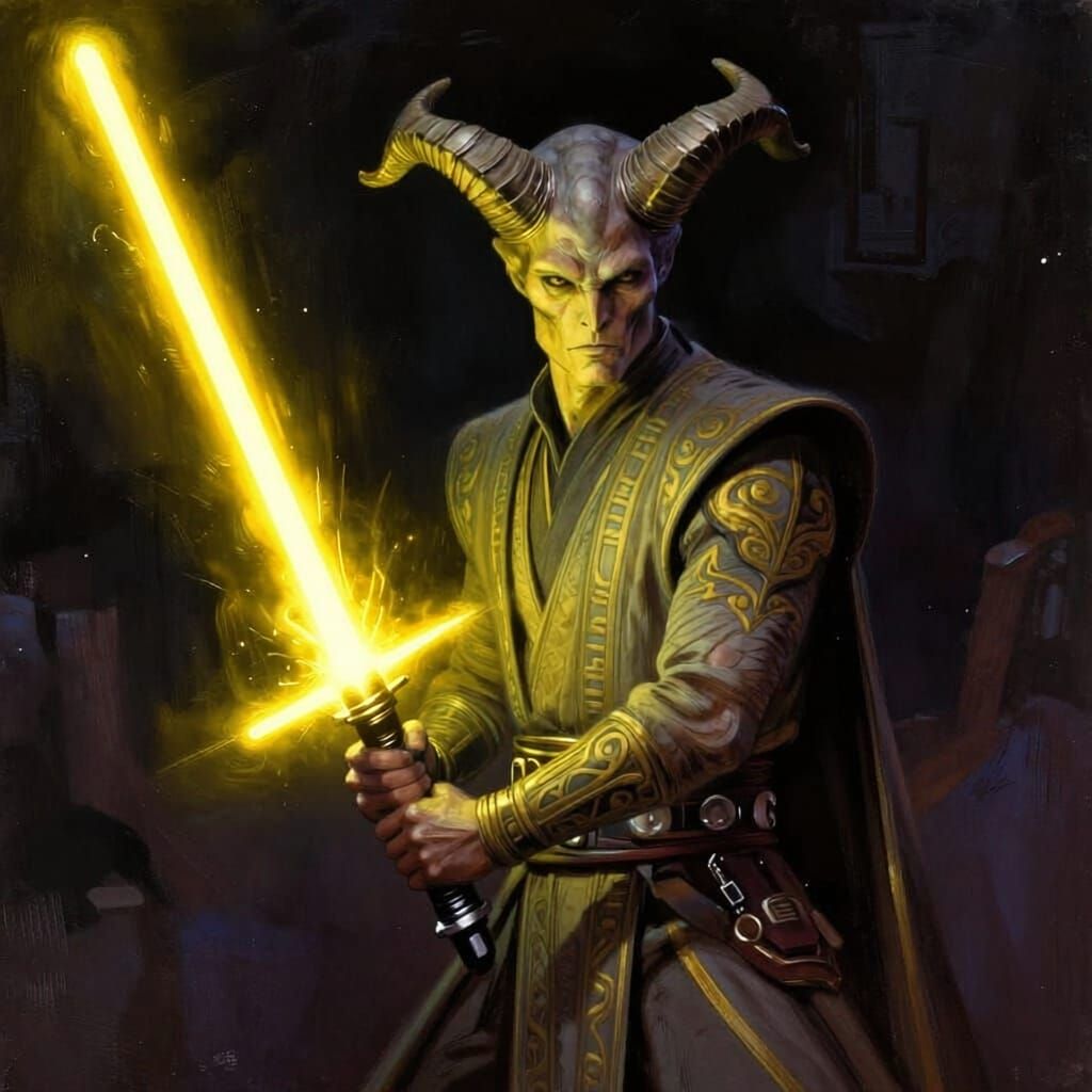 Star Wars Jedi Alien with Horns and Turquoise Lightsaber