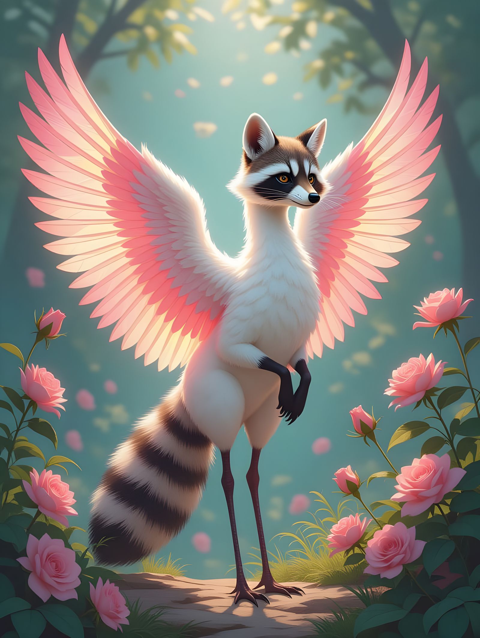 Mysterious Fluffy Winged Raccoon-Flamingo in Enchanted Habit...