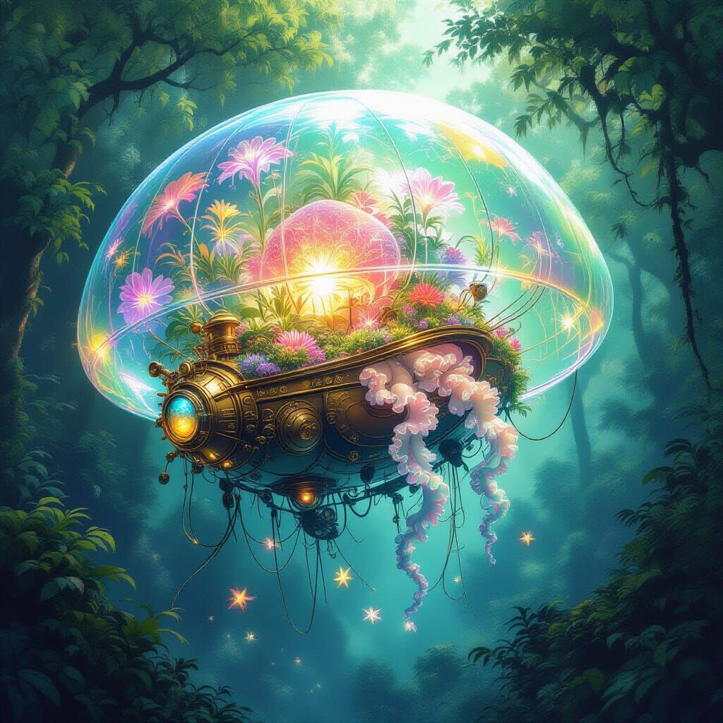 Bioluminescent Jellyfish Airship in Enchanted Forest