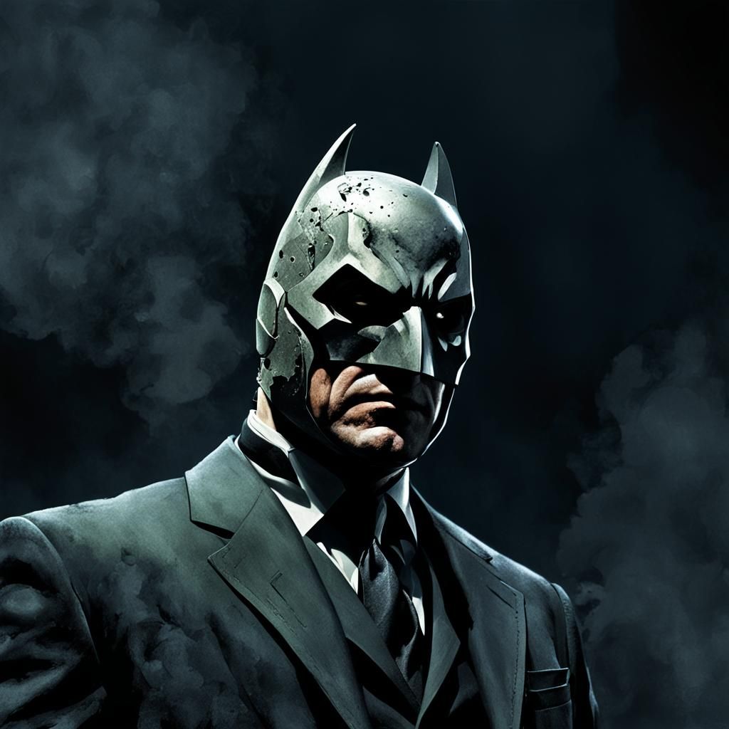 The Dark Knight:Bruce Wayne
half Masked man apart.
Dave McKean art style...