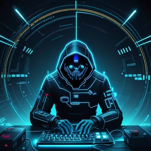 Hacker Typing in Dark Room, Neon Sci-Fi Concept Art