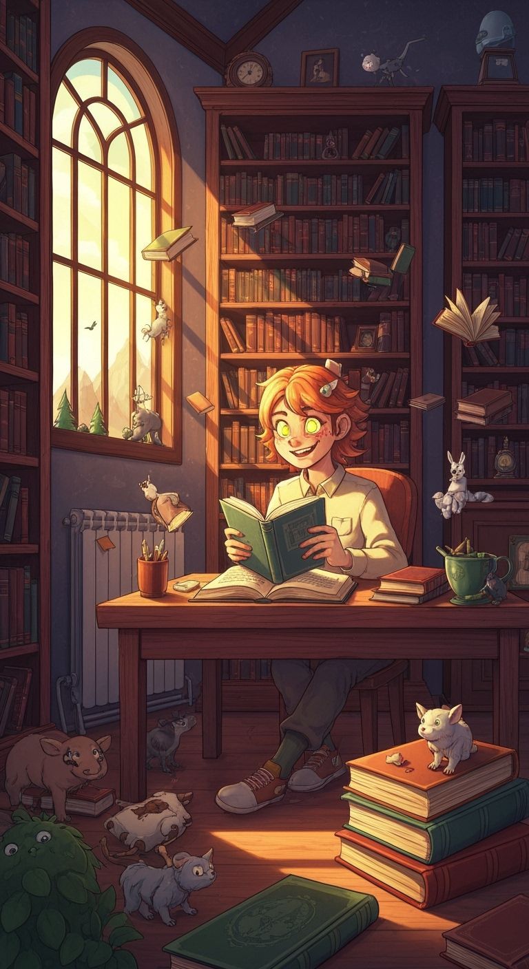 Cozy Library Scene in Digital Illustration Style