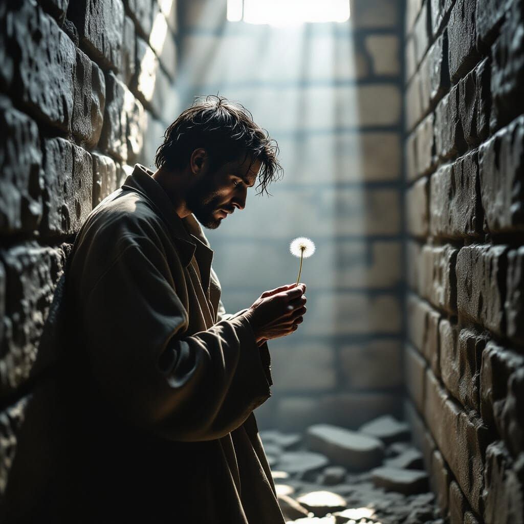 Prisoner Clutches Dandelion Seed in Stark Cell