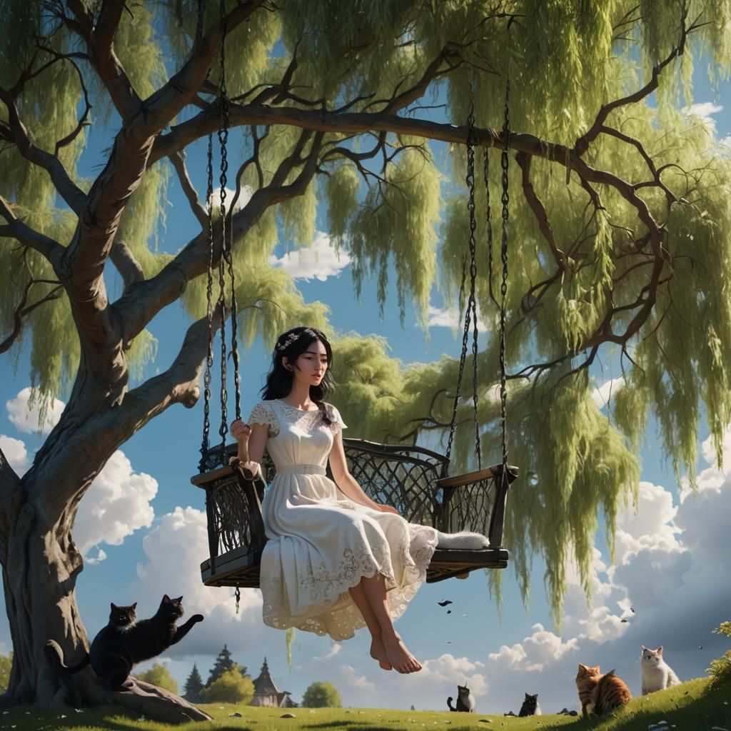 Girl on Swing Under Willow Tree: Fantasy Art