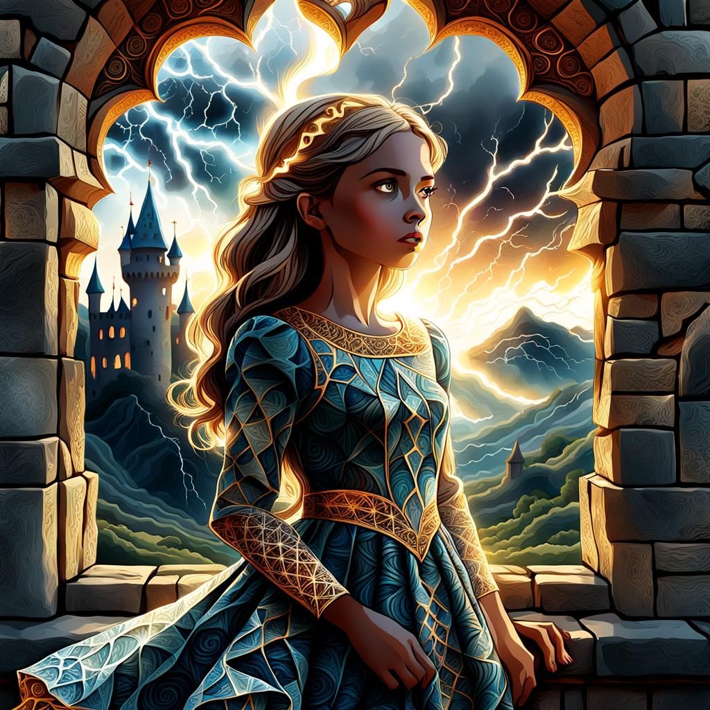 Girl in Castle Window During Storm, as Digital Art