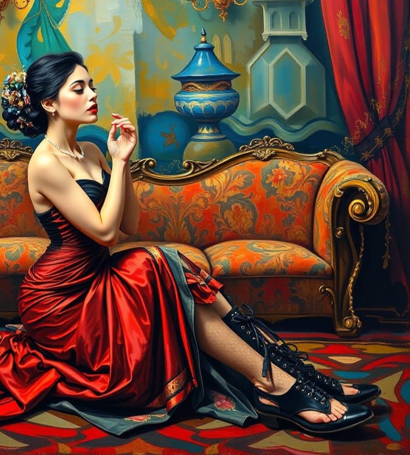 Woman Groveling Before Lover: Expressionist Oil Painting