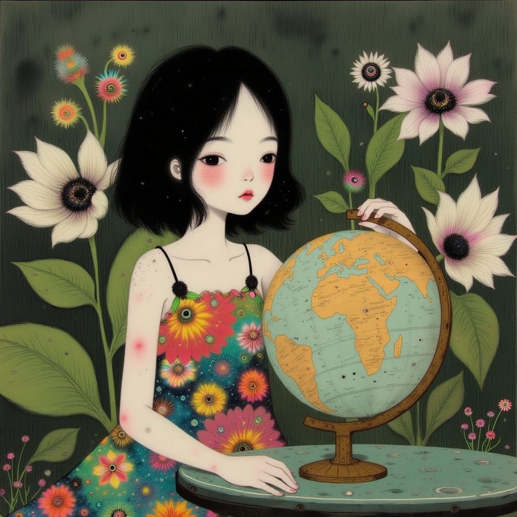 Surreal Anime Goddess Among Whimsical Mid-Century Decor