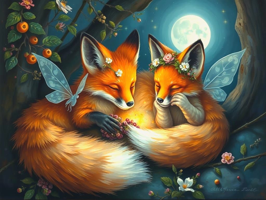 Enchanted Foxes Sleeping in Moonlit Forest