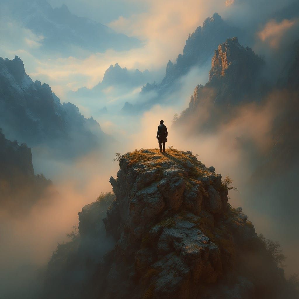 Mystical Wanderer Amidst Foggy Seascape in Fantasy Art Style