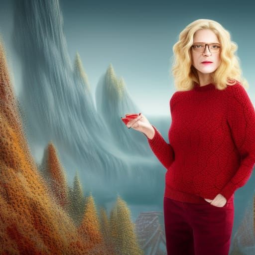 Blonde Woman in Red Sweater, Detailed Digital Art