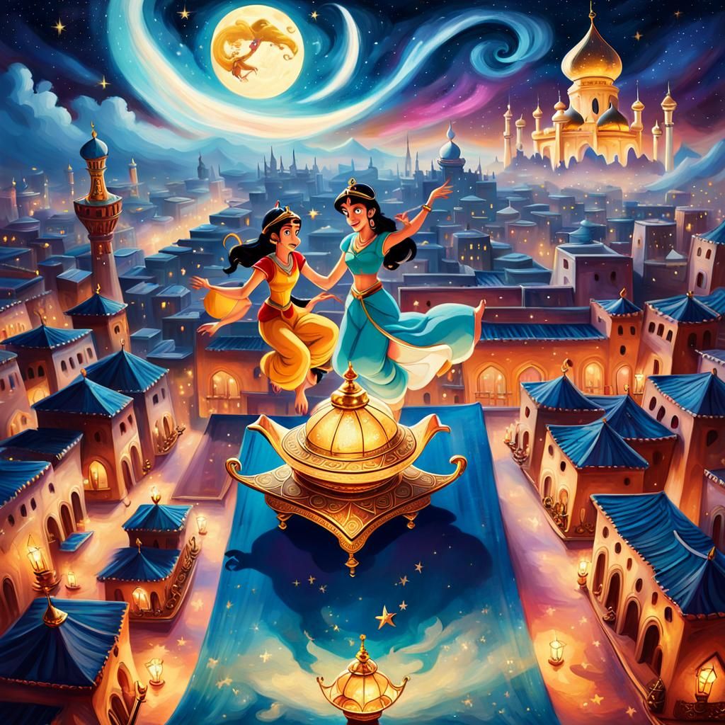 Aladdin and Jasmine on Magic Carpet in Vibrant City