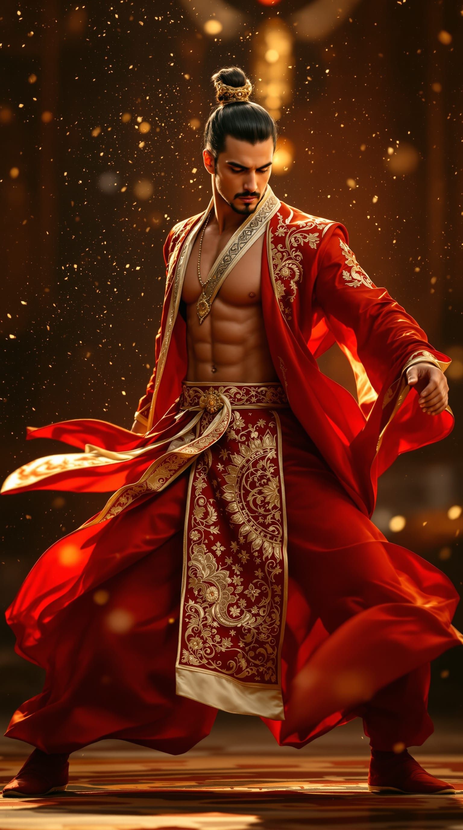 Man in Red and Gold Attire in Dynamic Pose