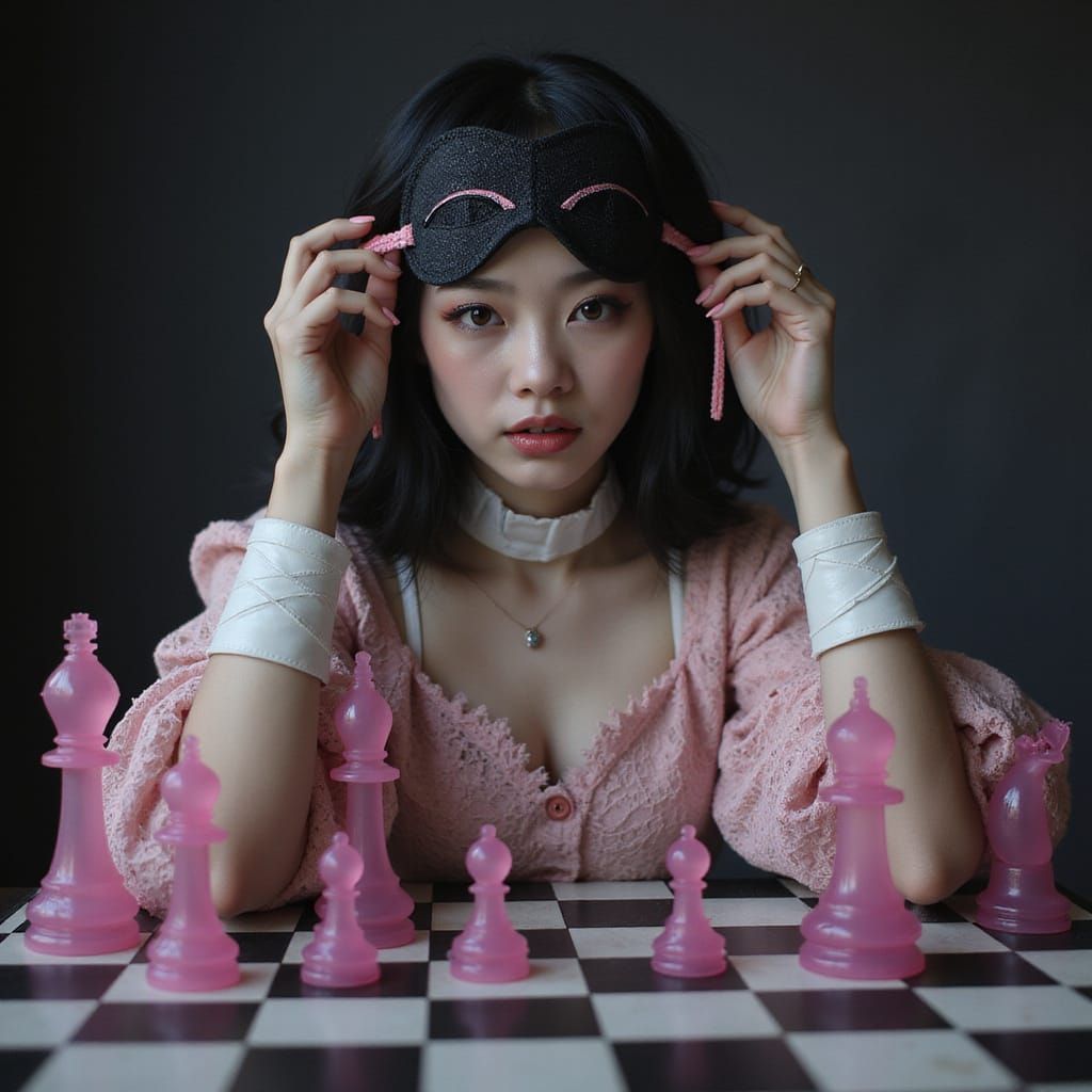 Chinese Woman in Pink Dress on Chessboard, Baroque Style