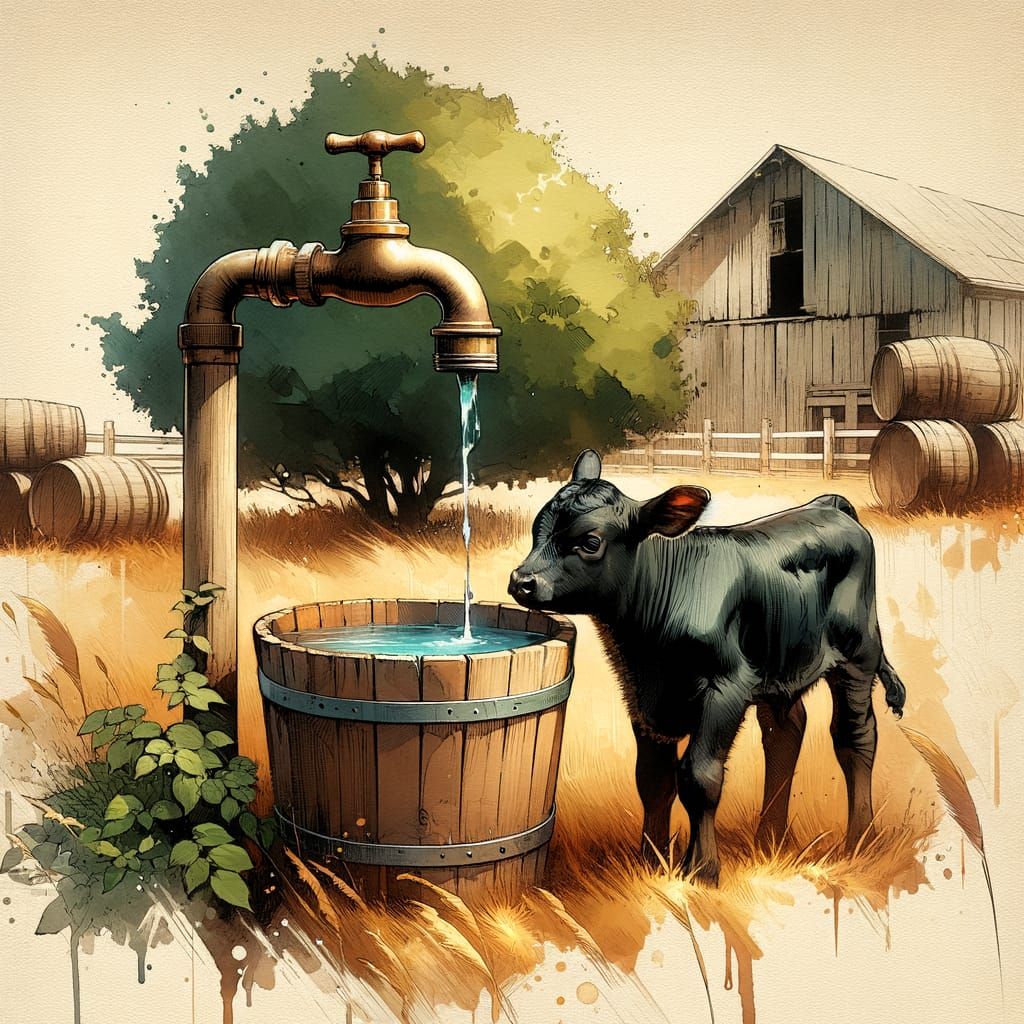 Rustic Barnyard with Calf in Watercolor Style