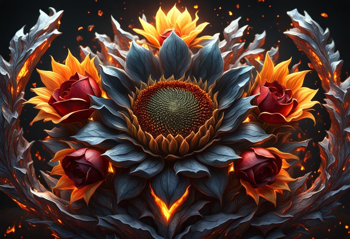 Crystal Sunflower with Fire Roses: Detailed Matte Painting