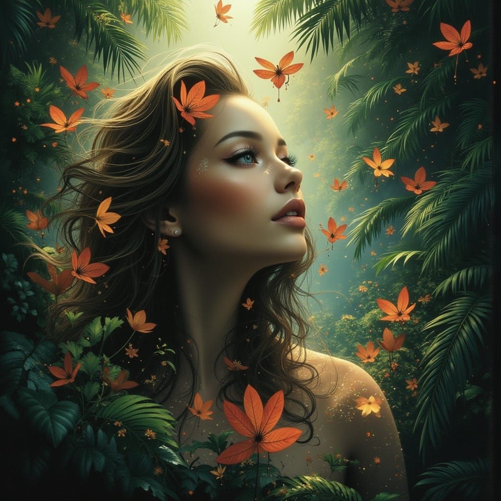 Beautiful Woman with Flowing Hair Lost in Lush Rainforest