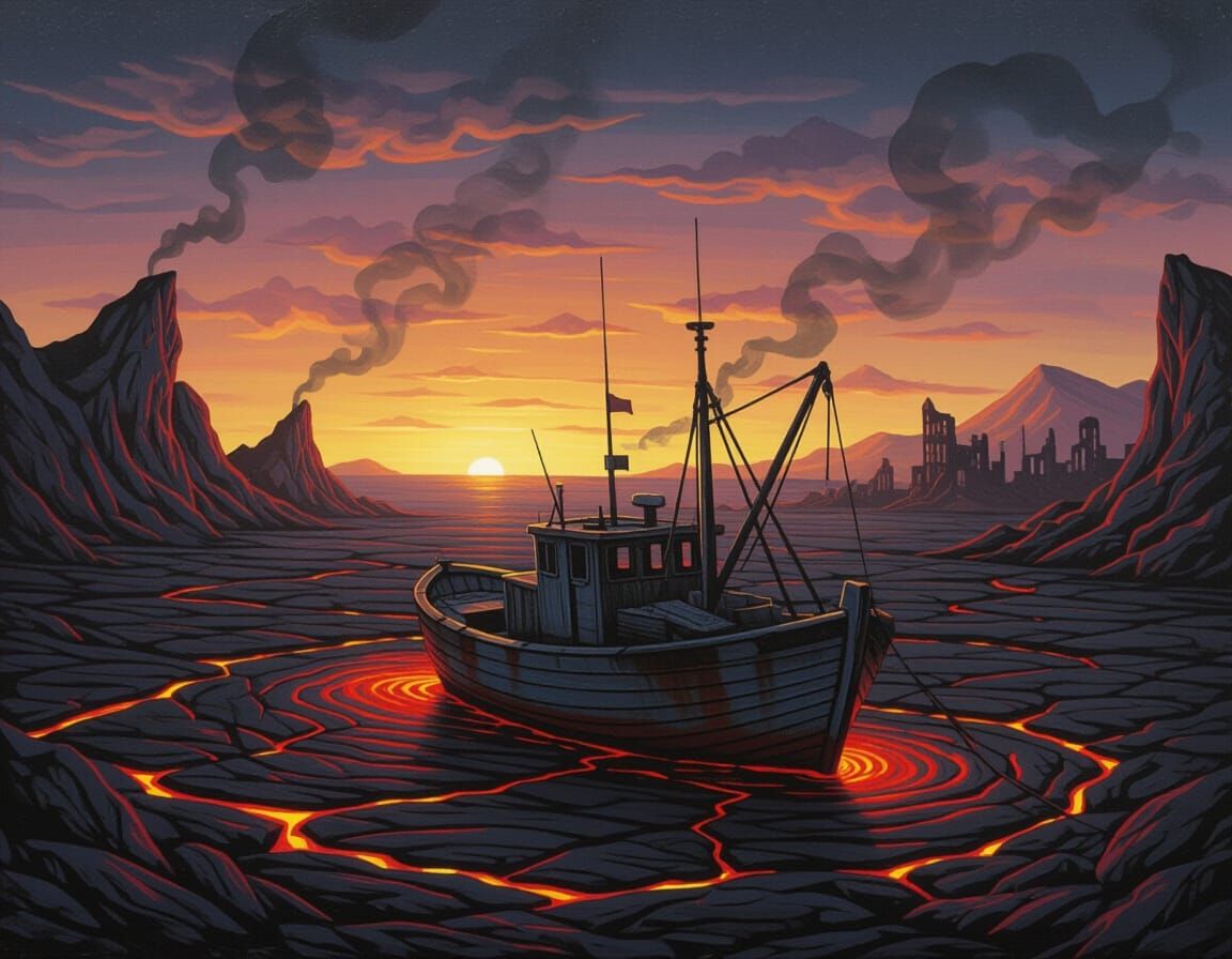 Fisherman's Despair in Lava Sea Oil Painting