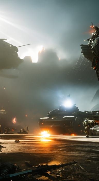 Epic Sci-Fi Beach Battle with Glowing Mechs