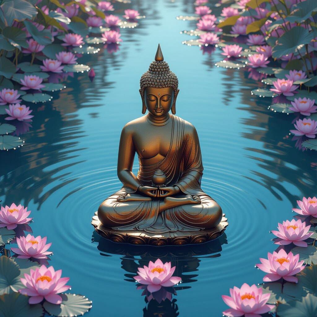Bronze Buddha Meditating by Reflective Pond with Lotus Flowe...