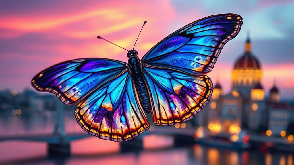 Iridescent Butterfly Above Vienna in 80s Synthwave Style
