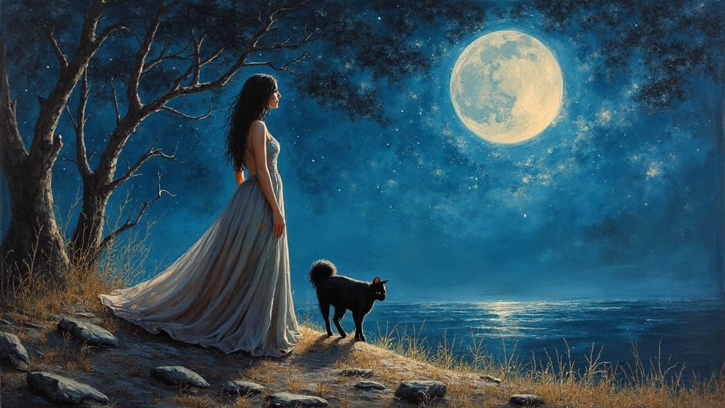 Dreamlike Woman with Black Cat in Surreal Landscape