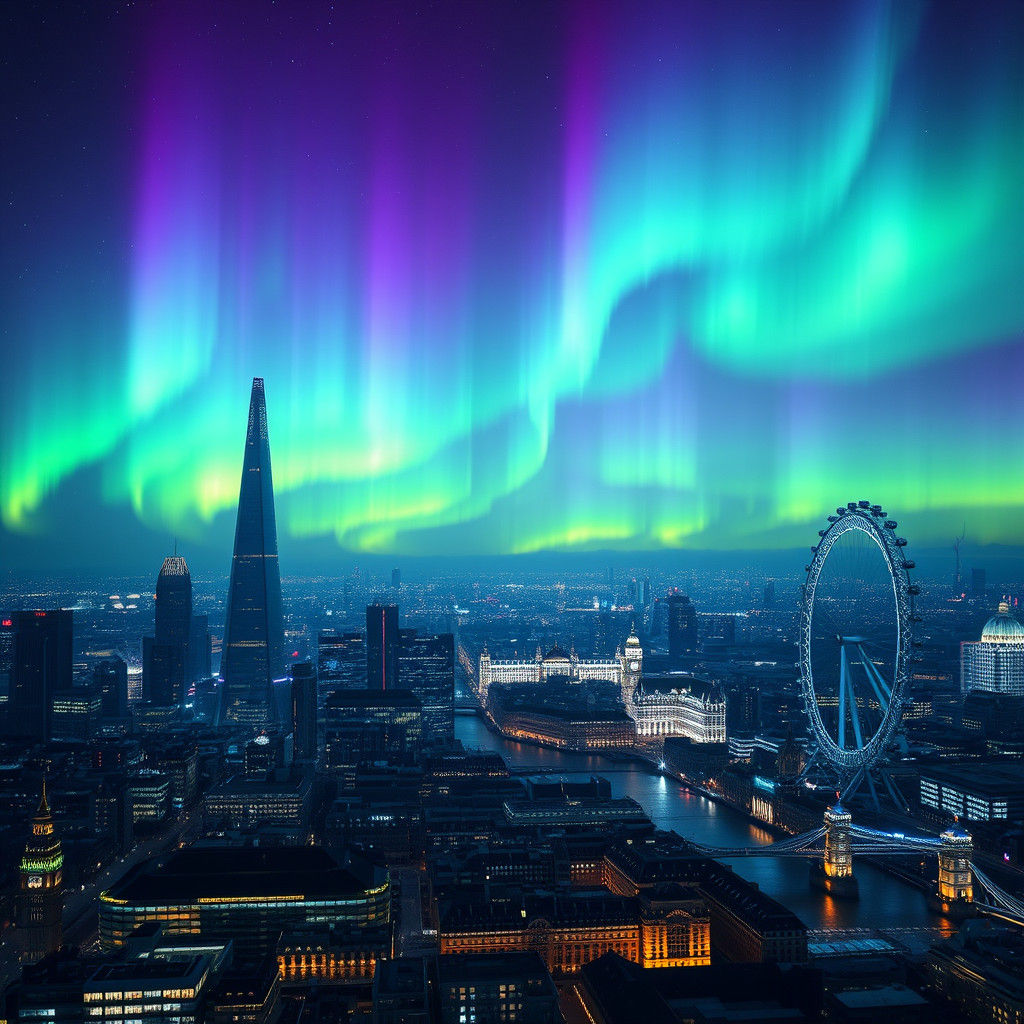 London Skyline Bathed in Aurora Borealis Glow
