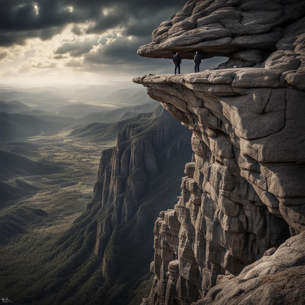 Hyperrealistic Man Overlooking a Vast Cliff