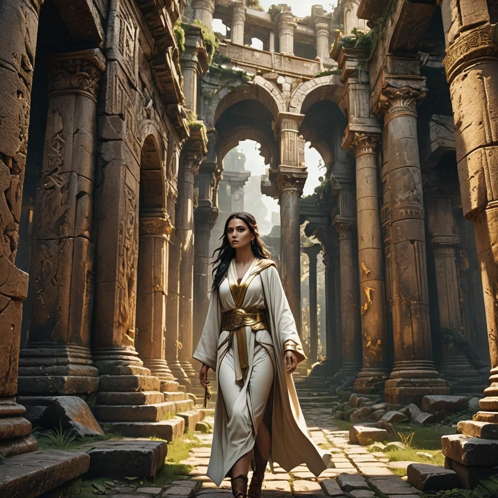 Mystic in Gold Robes in Ancient Ruins