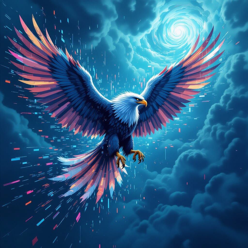 Griffin Soaring Through Digital Storm in Glitch Art Style