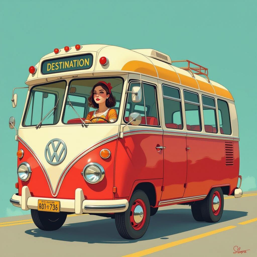 Woman Dressed as a Bus in Whimsical Art Style