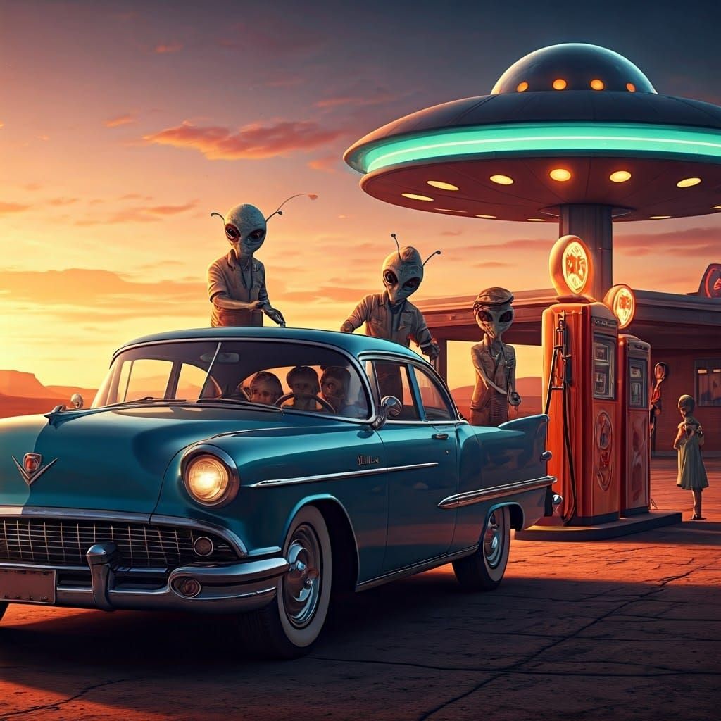 Aliens in Disguise at Retro Gas Station, Hyper-Realistic Art