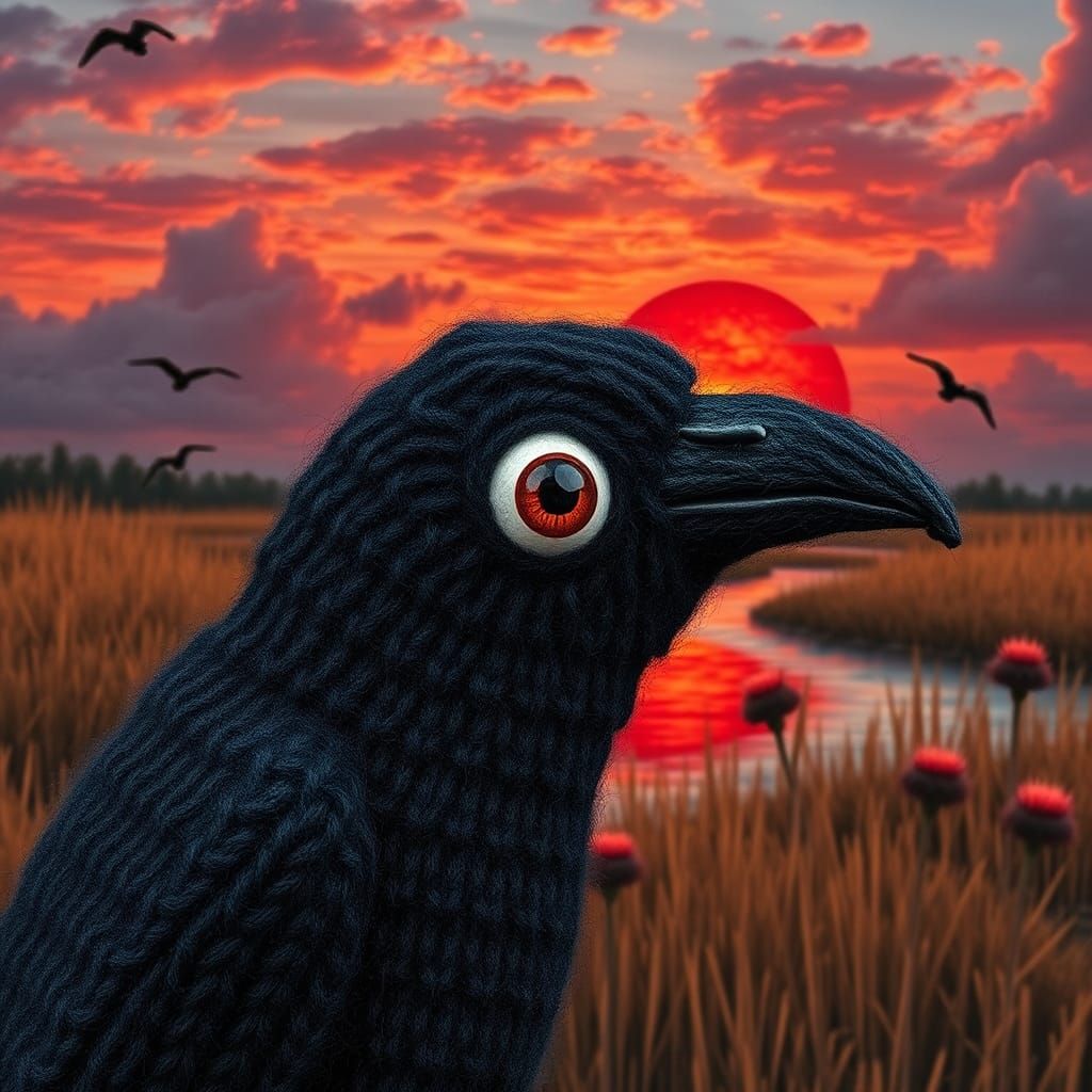 Knitted Wool Crow Under Celestial Sky