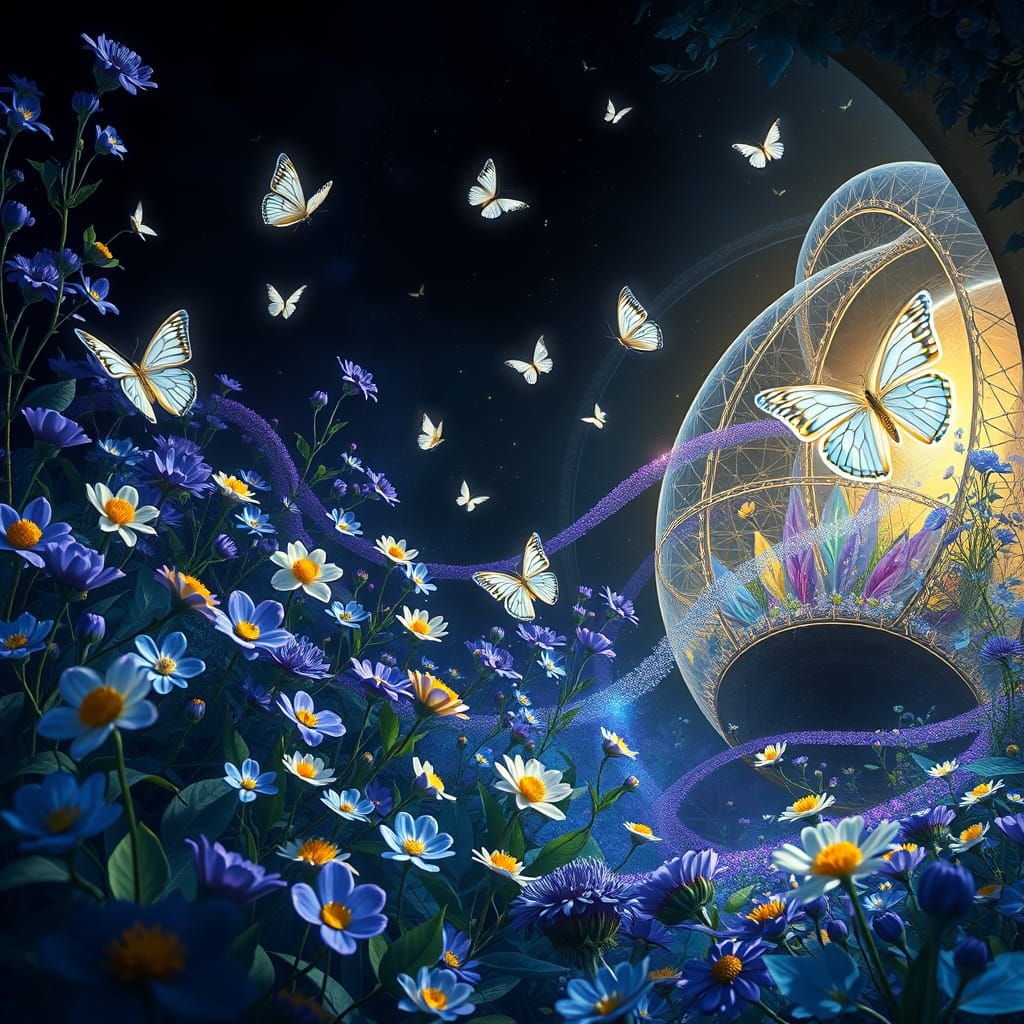 Mystical Garden with Blue Flowers and White Butterflies